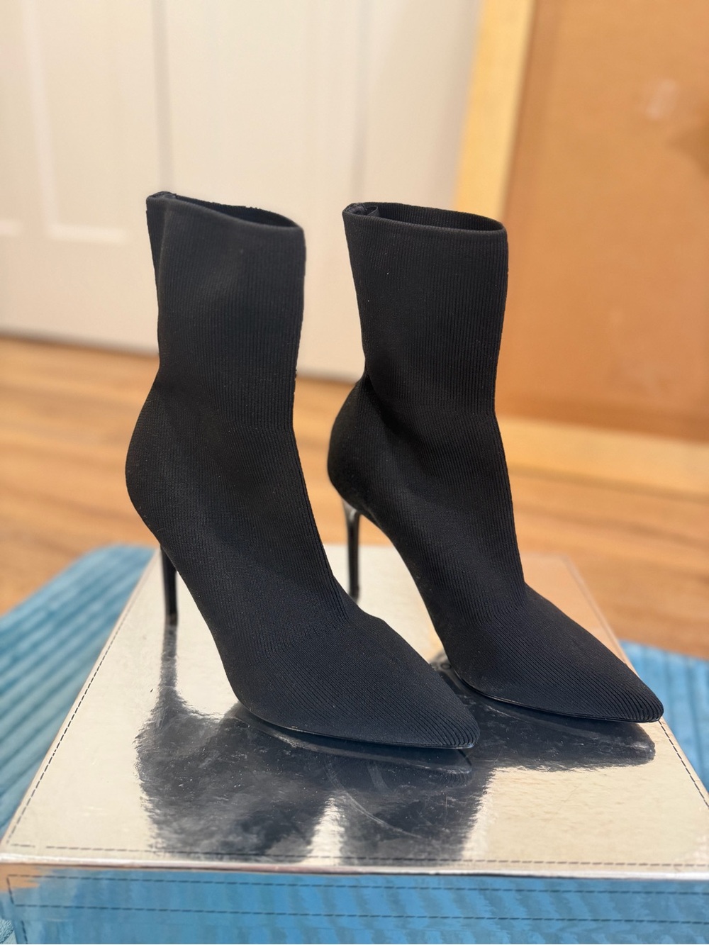 Black Stretch Knit Pointed Sock Booties with Stiletto Heel